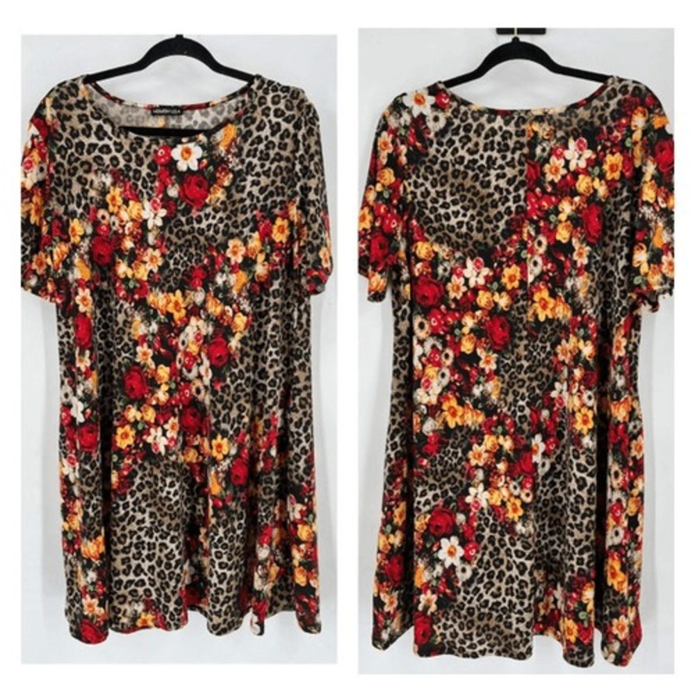 NWOT Heimish U.S.A. Animal Print Floral Design Shift Dress Black Red‎ Size 3XL